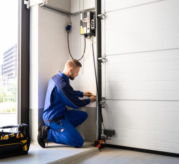 Technician repairing garage door motor in modern urban setting during daytime