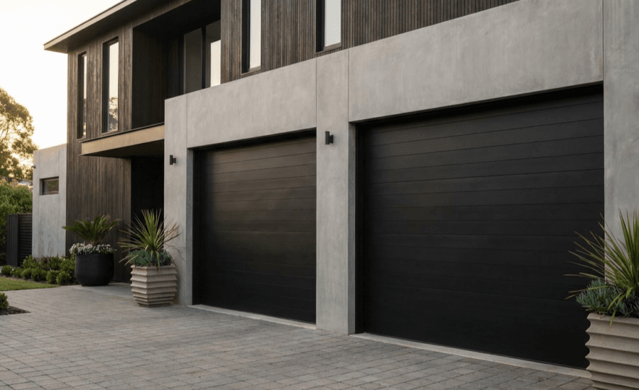 Matte black garage doors