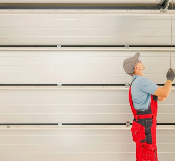Worker installing garage door with attention to detail in residential garage at midday