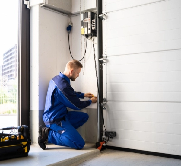 Technician repairing garage door motor in modern urban setting during daytime
