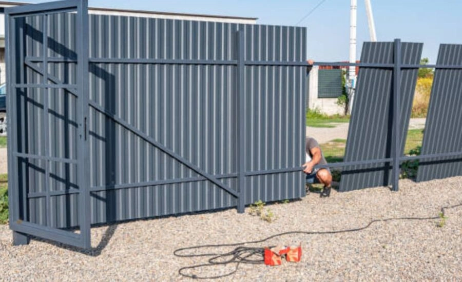 HOA technician inspecting sliding gate track for wear and rust during routine maintenance