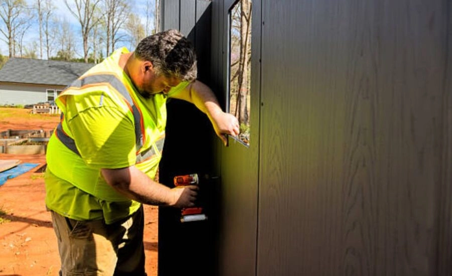 Close-up of a garage door motor being repaired by a technician.